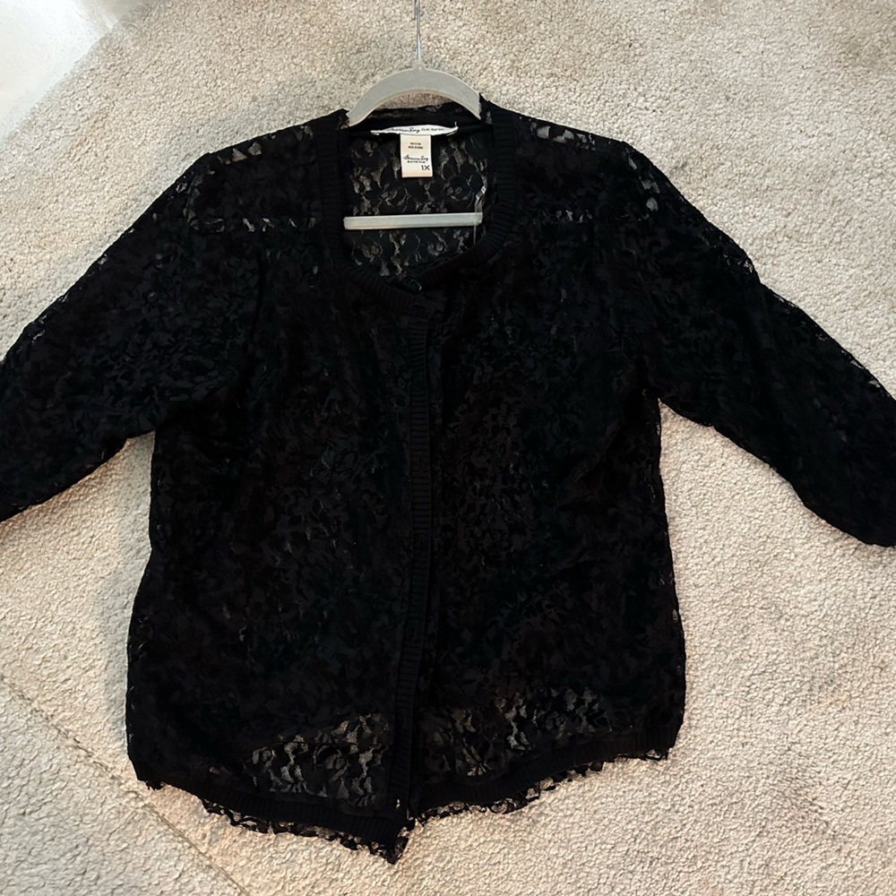 Never worn … American Rag black lace, three quarter sleeves and button up front.